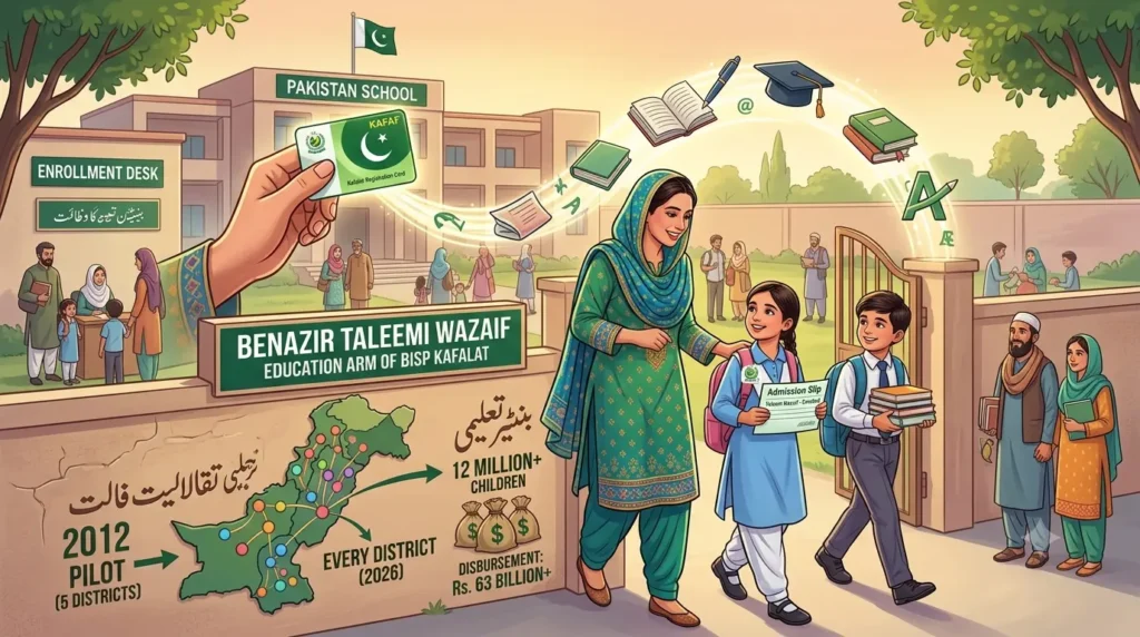 A school-age child enrolled under Benazir Taleemi Wazaif alongside a mother registered in Kafalat